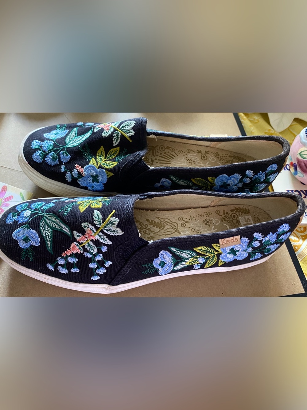 Black KEDS/Rifle Paper Slip On. Size 7 in EUC. Embroidered Florals blue, green - Picture 3 of 10
